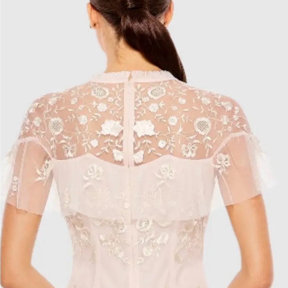 Mac Duggal Pink High Neck Mesh Tier Embroidered Dress - Picture 4 of 13